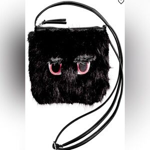 Small H&M Shoulder Bag in Black Faux Fur & Embroidered. Top Adjust Zip Like New